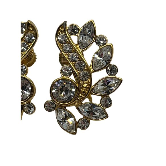 Vintage Napier Clip On Earrings Swarovski Crystal Gold Tone 1.25" Tall - Picture 3 of 5